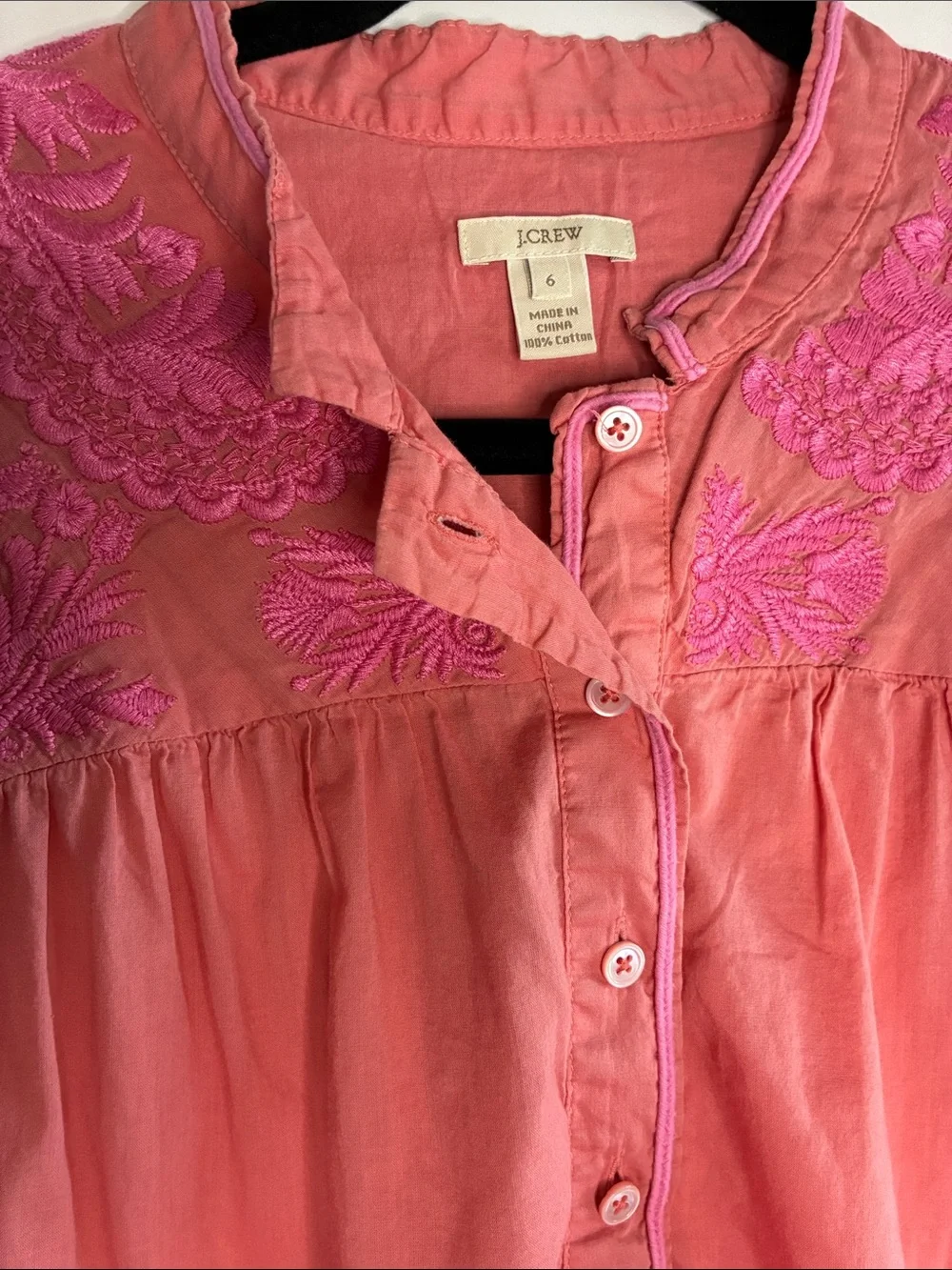J. Crew Coral Pink Embroidered Button-Front Sleeveless Top